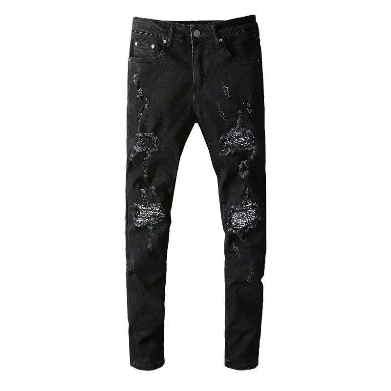 NHBT Stretch Jeans Men Men's Patchwork Ripped Jeans Streetwear Slim