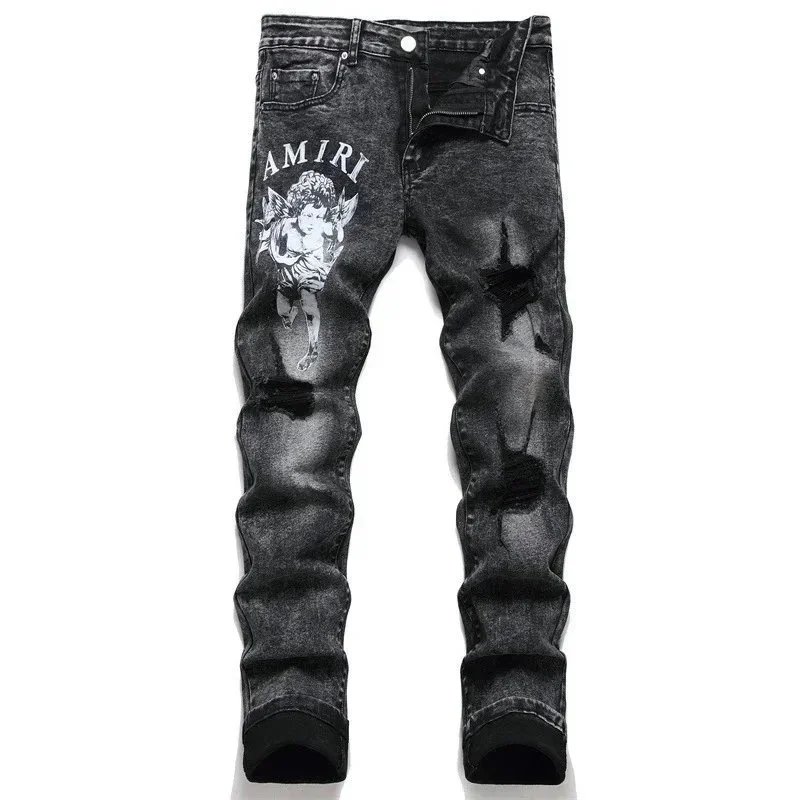 Men's Trousers Embroidery hot Drilling Lion Pattern Jeans Men's Fashion Casual Pants Black