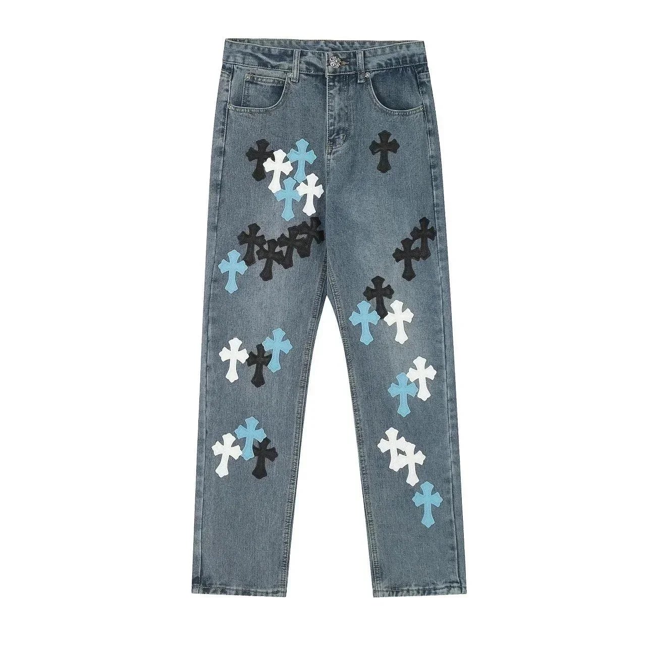 Chrome Hearts Fleur Knee Cross Patch Jeans Blue