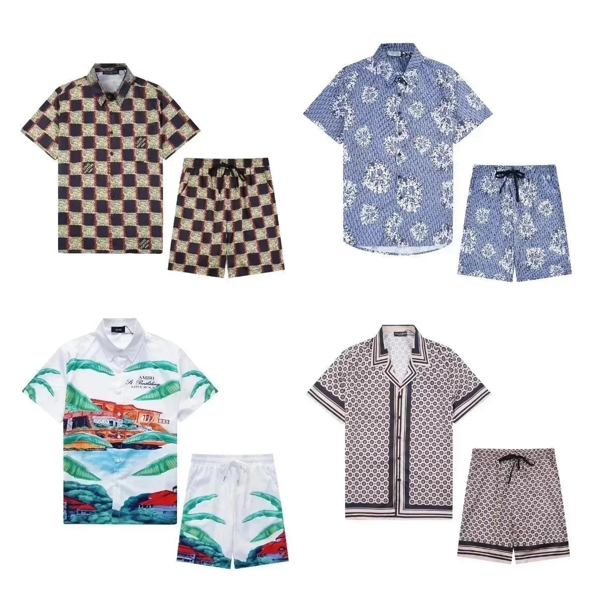 Mens Beach Shirt Suit Casual Slim Fit Short Sleeve Shirt And Shorts