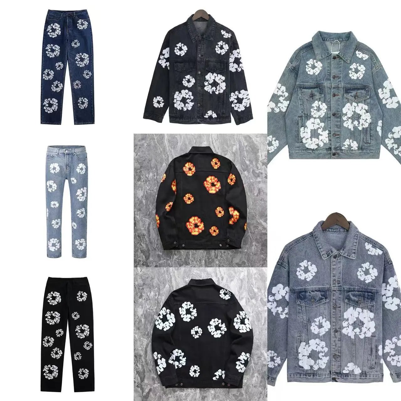 Floral Printed Denim Jacket and Pants Set for Men Women