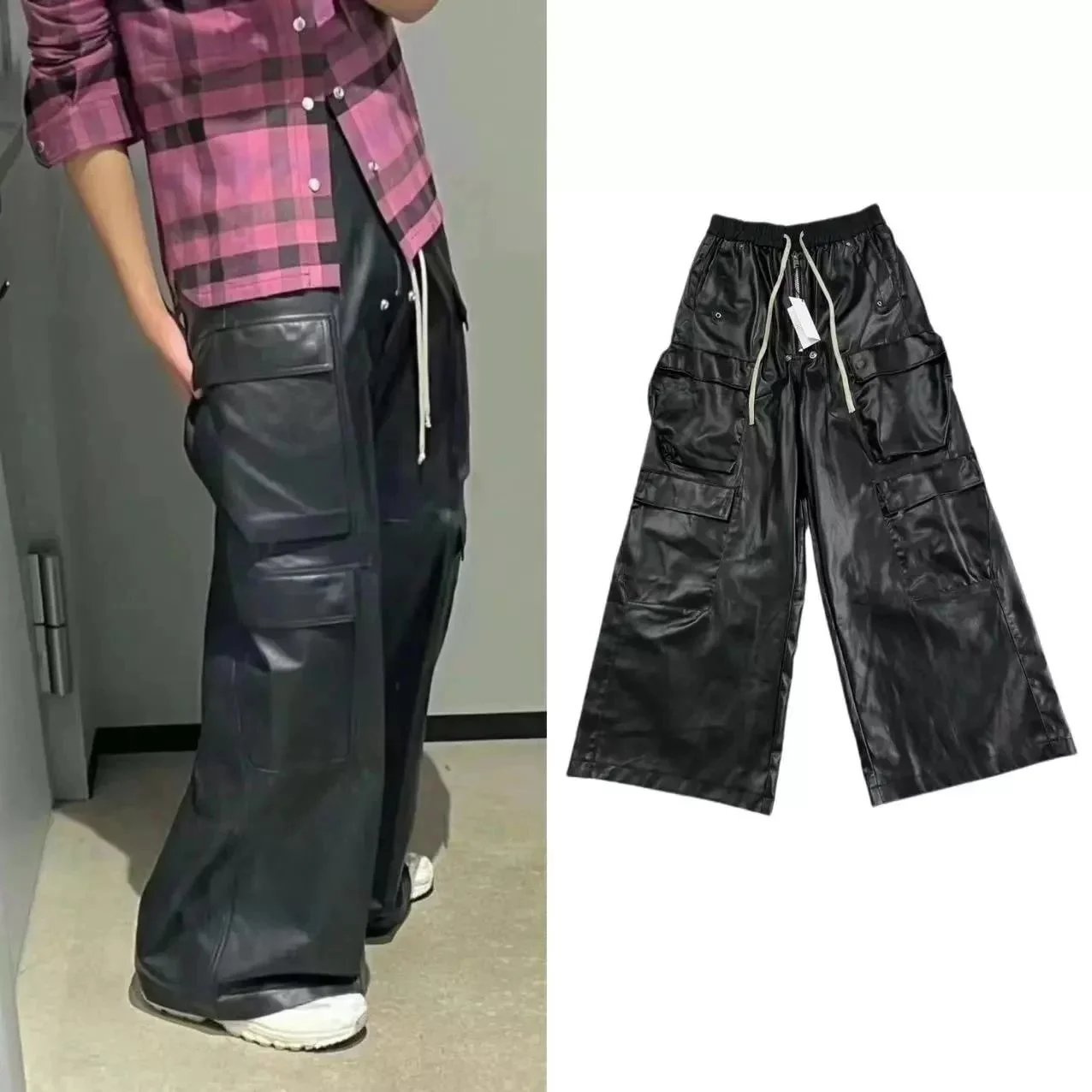 Black PU Leather Cargo Pants Wide Leg Drawstring Waist Men's Fashion Trousers