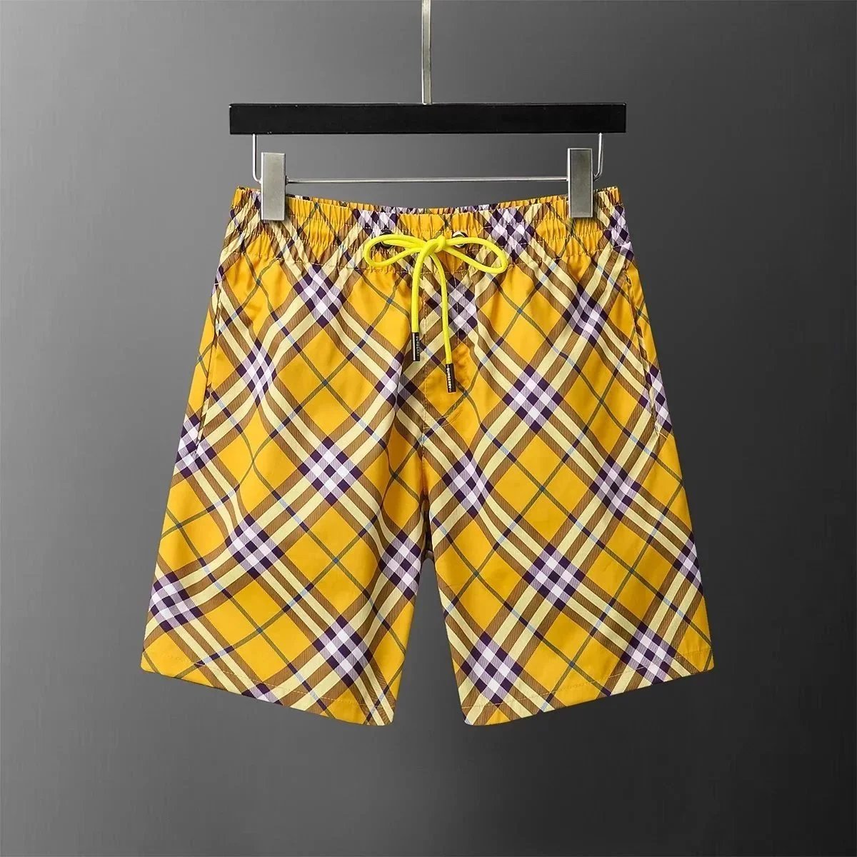 Men's Yellow Plaid Swim Shorts Quick Dry Beach Wear