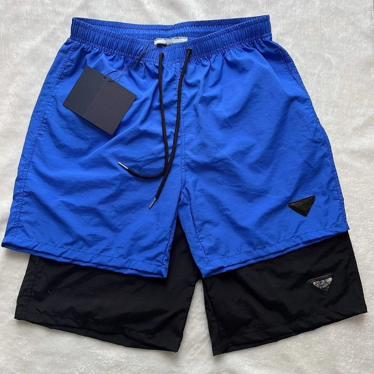 Prada Men's Blue and Black Sport Shorts with Drawstring Waist