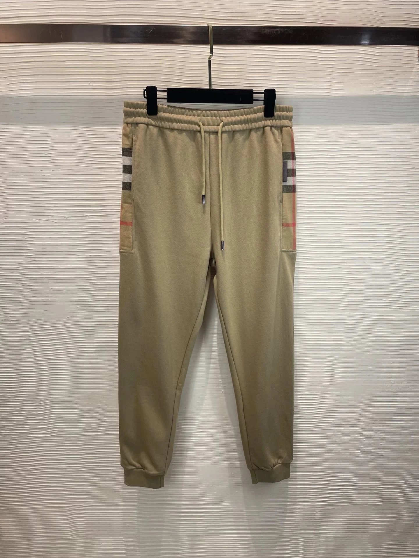 Beige Check Panel Track Pants for Men