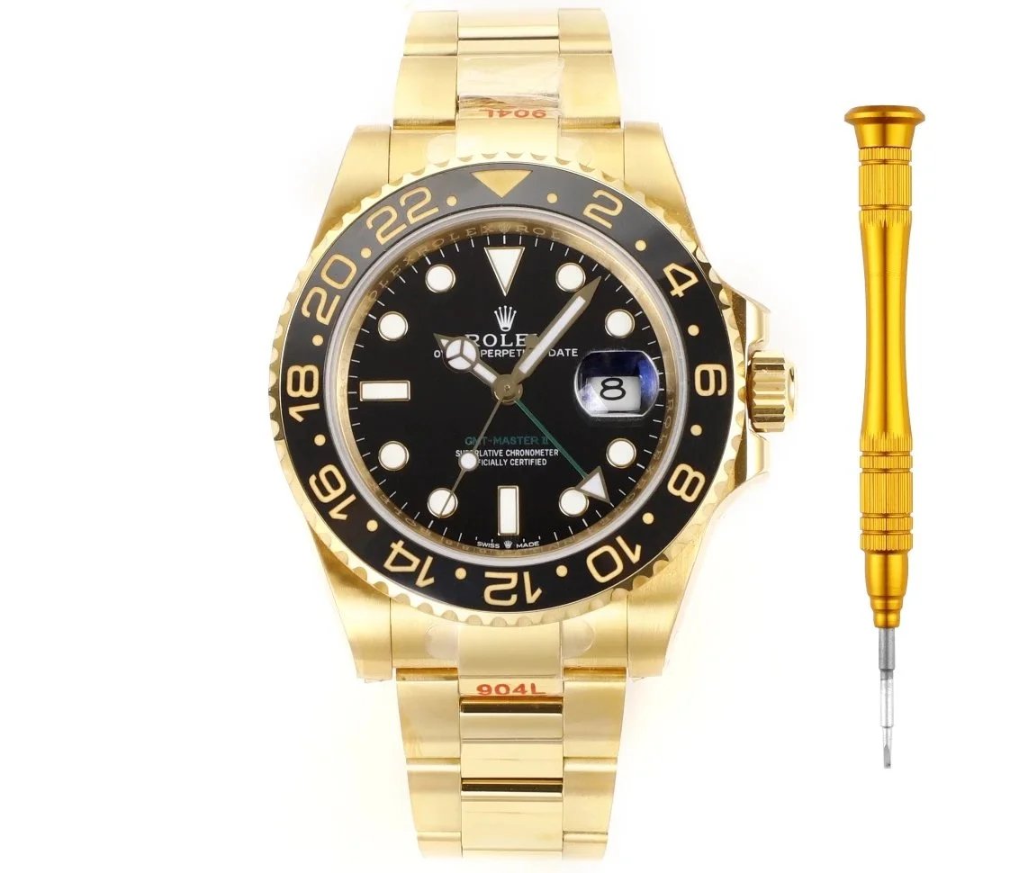 Rolex GMT-Master II Gold Watch with Black Dial and 24-Hour Bezel