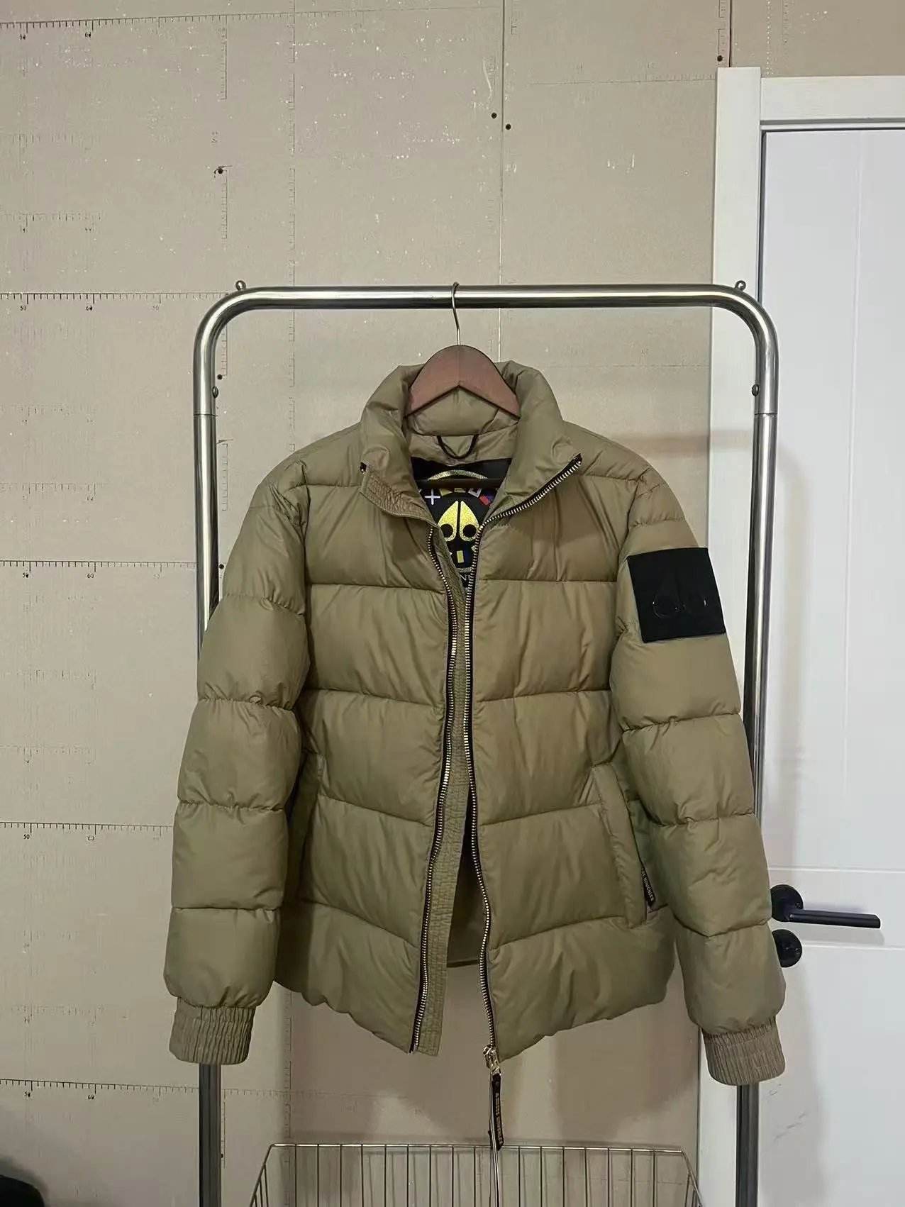 Moncler Men's Khaki Down Jacket with Logo Patch