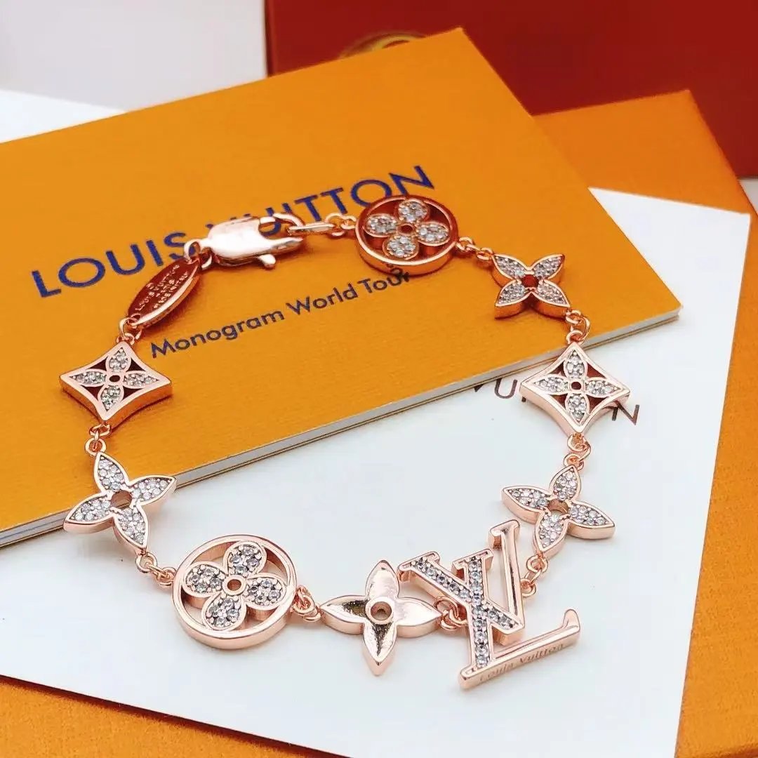 Louis Vuitton Rose Gold Crystal Bracelet Monogram Charm Jewelry