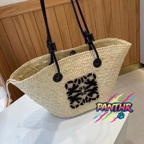 Stylish Woven Straw Tote Bag with Black Logo Design