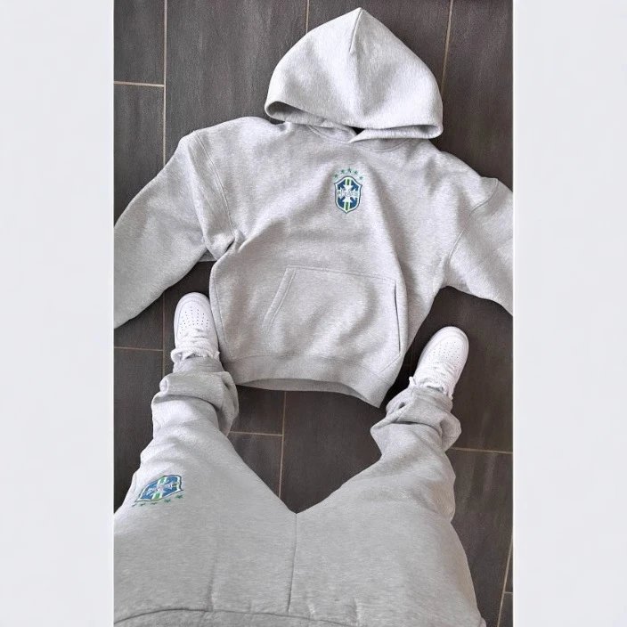 Gray Hoodie Set with Embroidered Logo for Casual Wear