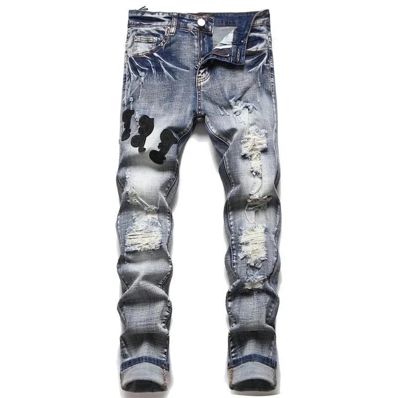 Men's Distressed Ripped Denim Jeans with Patch Design