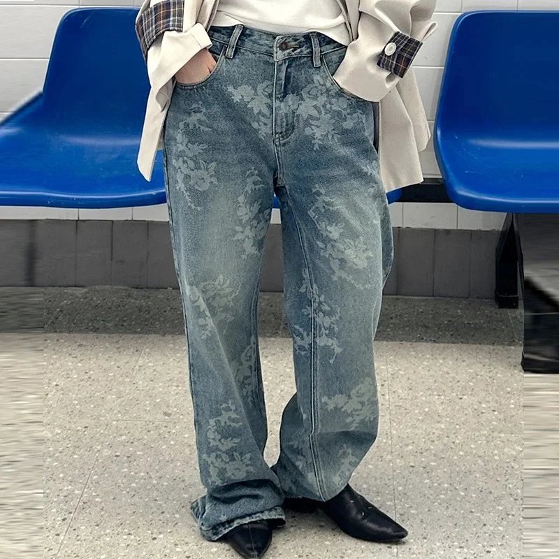 Men's Wide Leg Floral Print Denim Jeans High Waist Loose Fit
