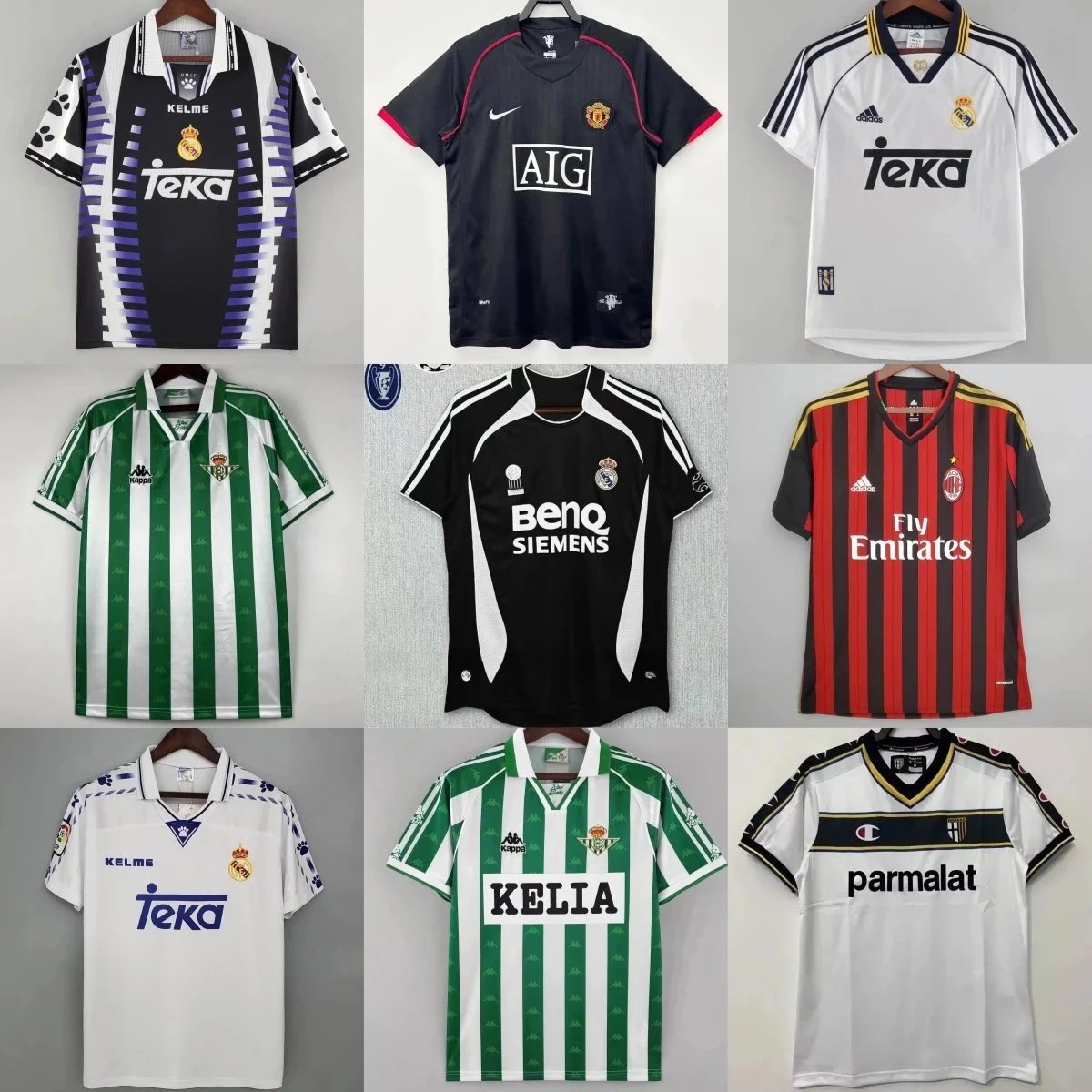 Vintage Football Jerseys Collection from Real Madrid, Manchester United, AC Milan