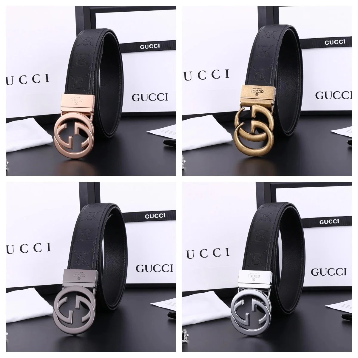 Gucci Interlocking G Belt in Black Leather with Rose Gold, Gold, Silver and Gunmetal Hardware