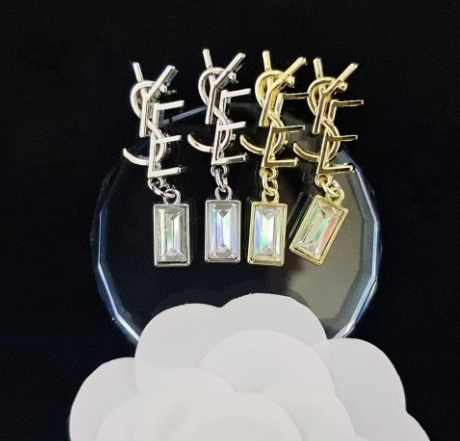 YSL Logo Crystal Drop Earrings Gold and Silver