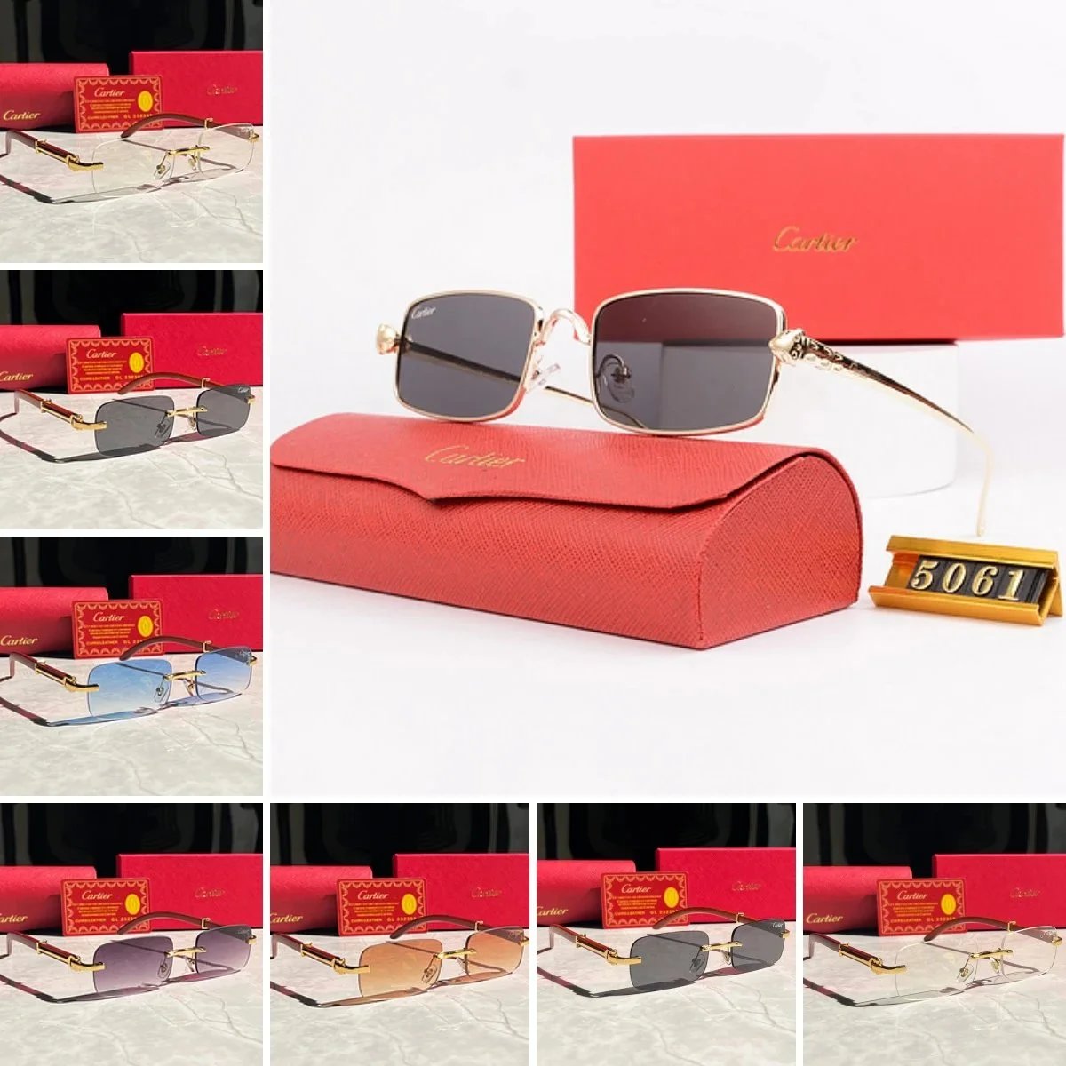 Cartier 5061 Sunglasses Square Frame Gold Rimless Designer Shades