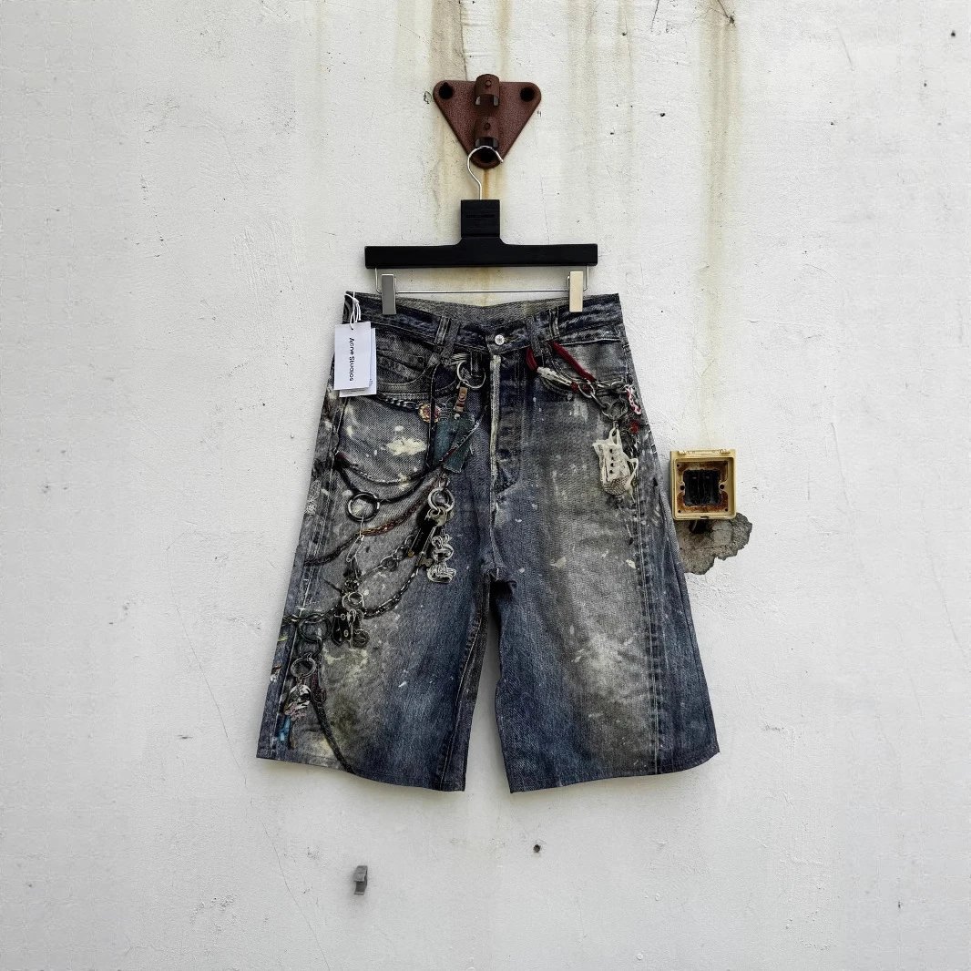 Distressed Denim Shorts with Chains and Patches
