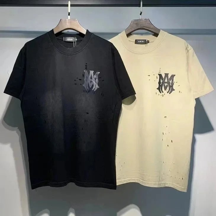 AMIRI Distressed Logo T-Shirt for Men Black and Beige