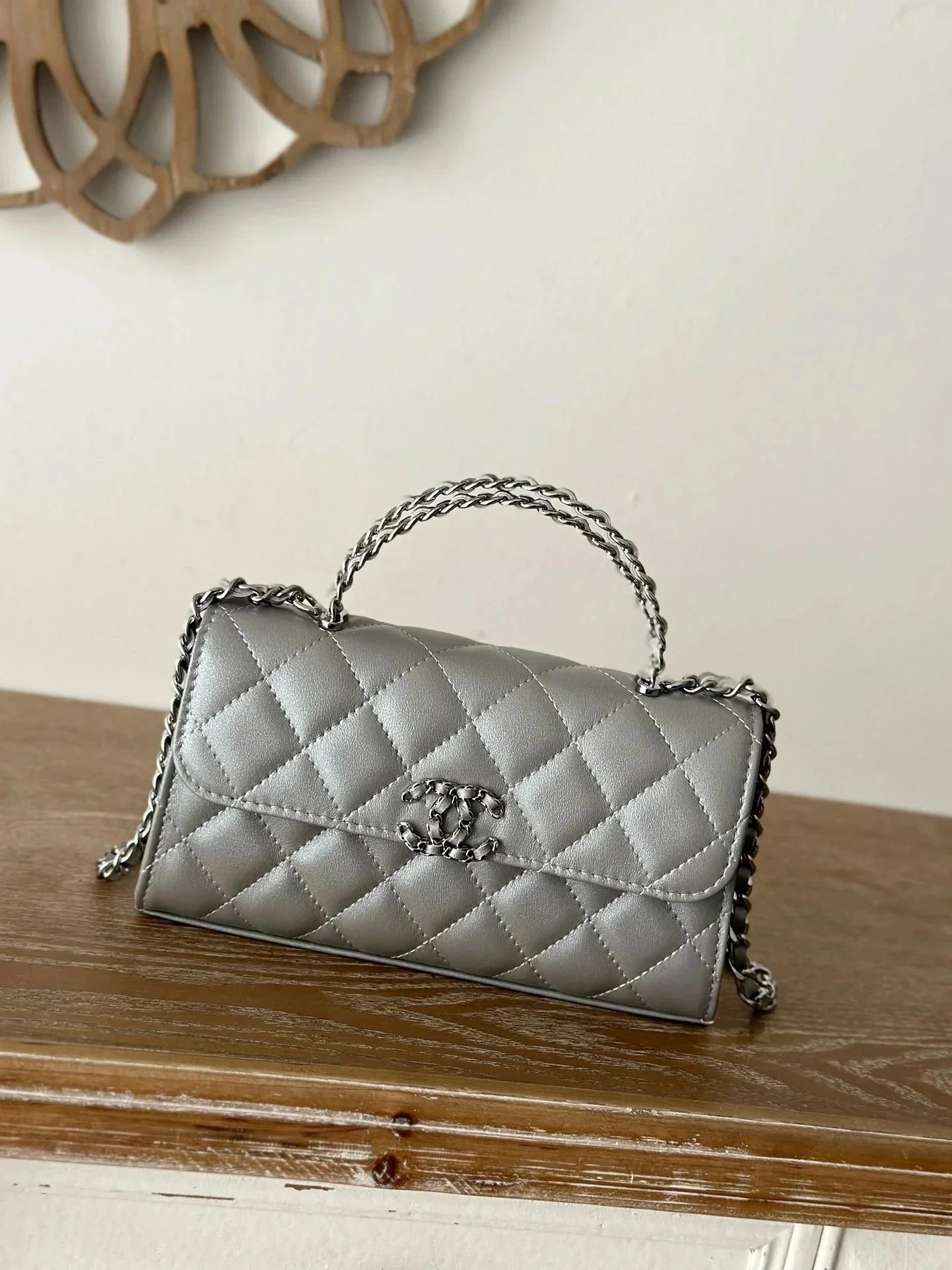 Chanel Grey Quilted Leather Handbag with Chain Strap