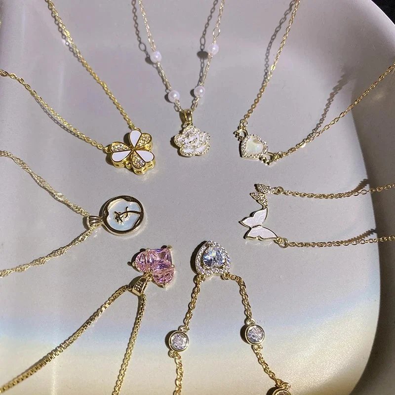 Elegant Gold Plated Pendant Necklaces with Crystal and Pearl Charms