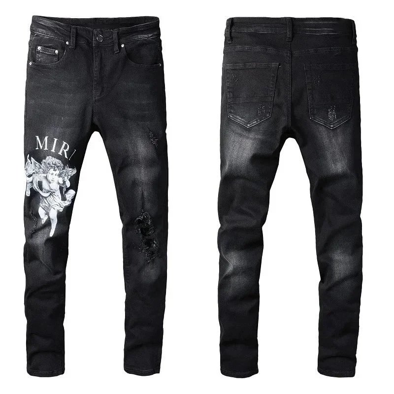 Men's Black Distressed Jeans with Angel Print Design