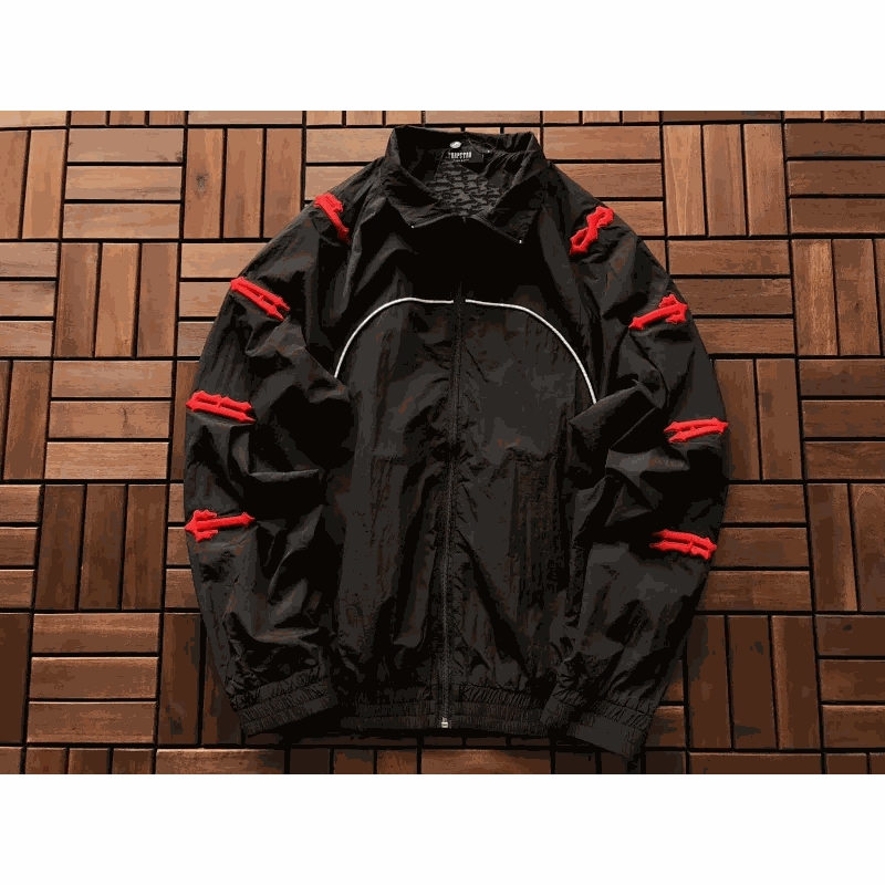 Black Red Accented Track Jacket for Men Sporty Windbreaker