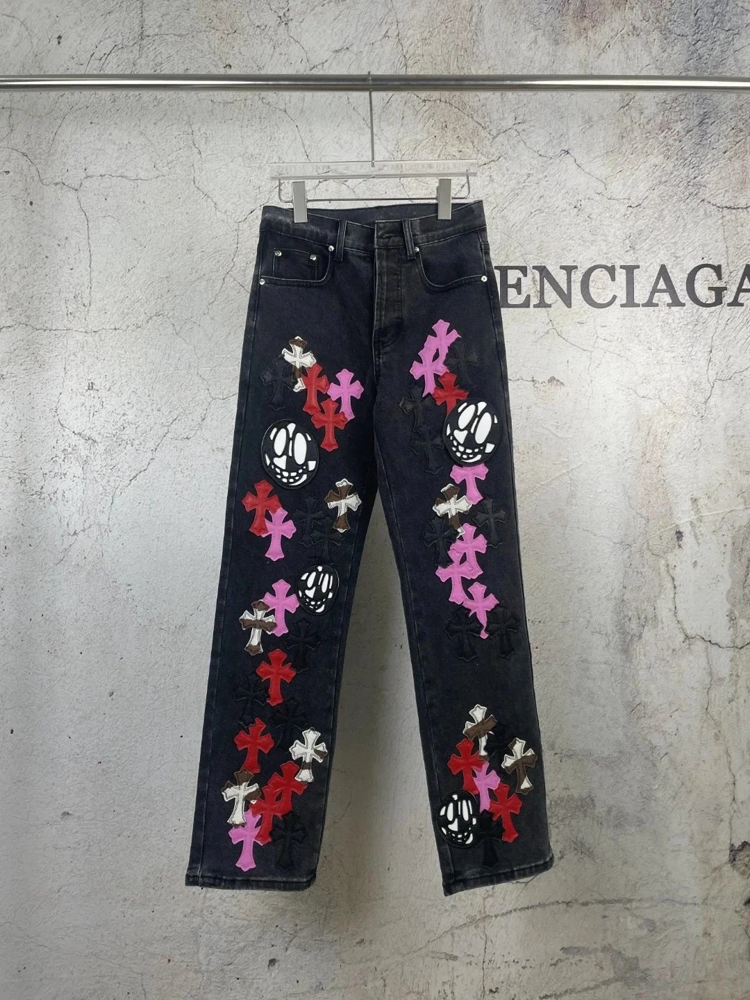 Balenciaga Embroidered Cross Denim Pants