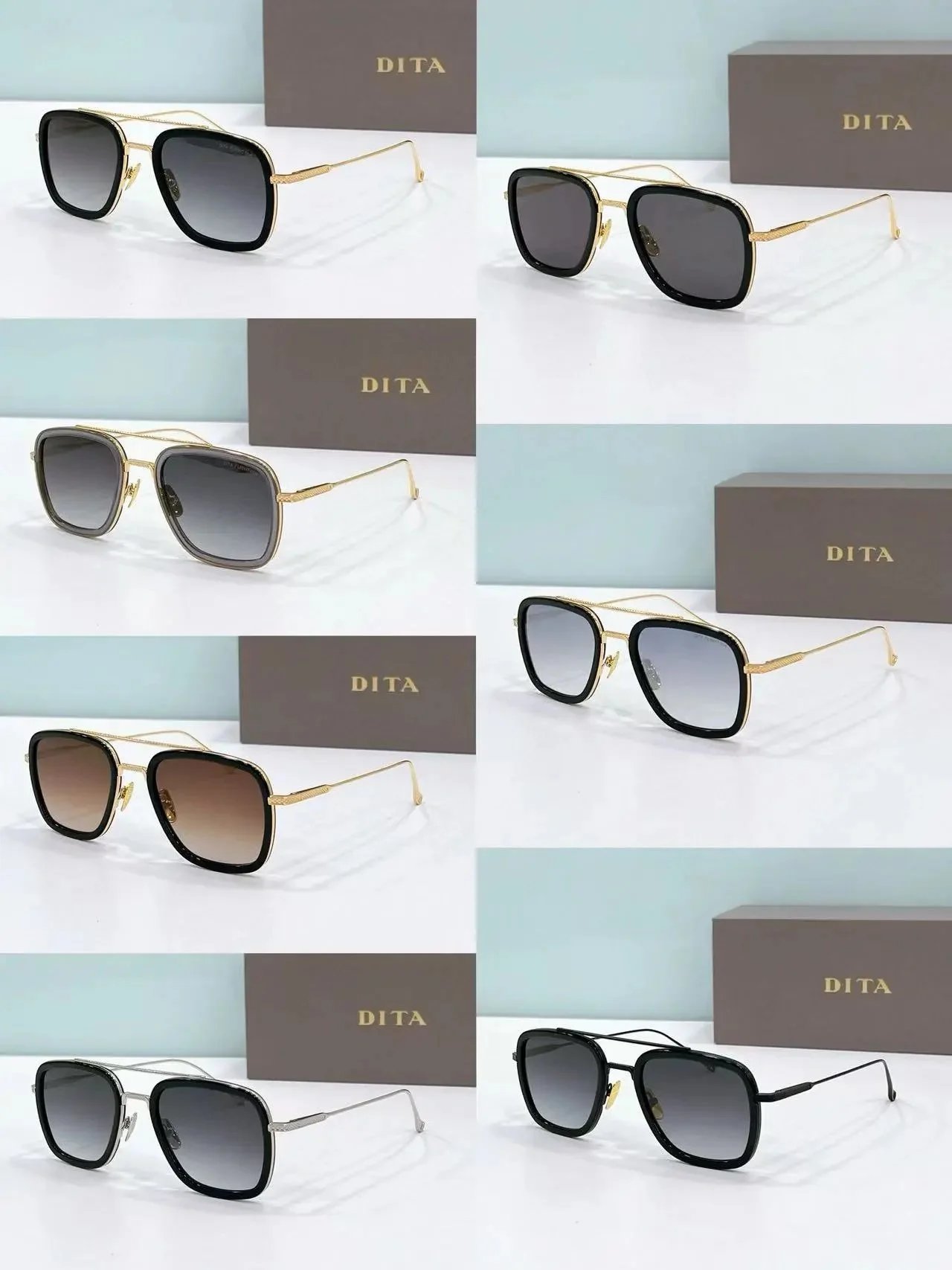 DITA Square Aviator Sunglasses with Gold Frame and Gradient Lenses