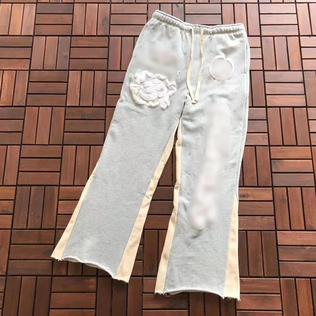 Gray Embroidered Wide Leg Sweatpants with Side Stripes