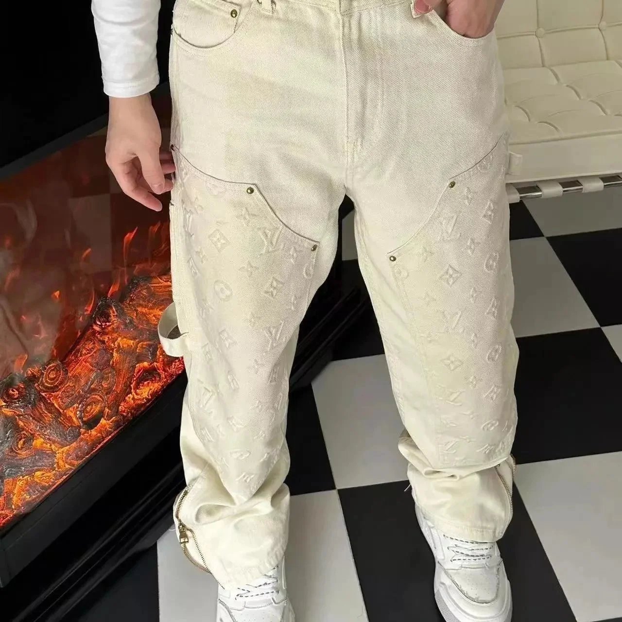 LV Monogram Embossed Cargo Pants White Men's Fashion Streetwear