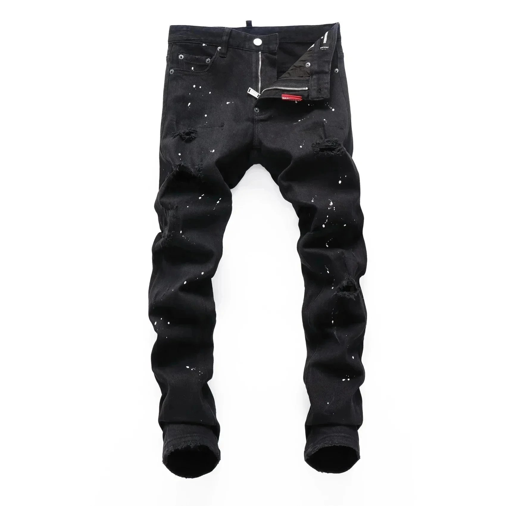 Men's Black Ripped Jeans with White Splatter Design