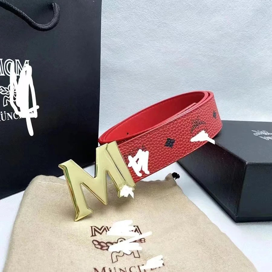 MCM Red Leather Belt with Gold M Logo Buckle