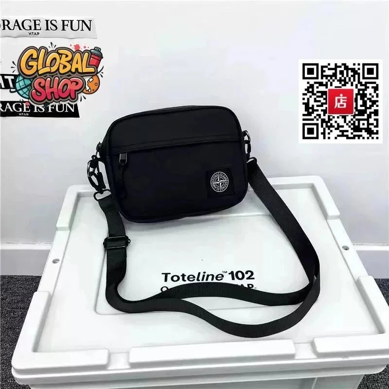 Black Crossbody Bag with Adjustable Strap and Logo Patch