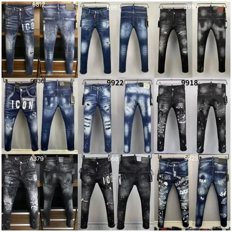 Men's Fashion Distressed Jeans with Rips and Graffiti Design