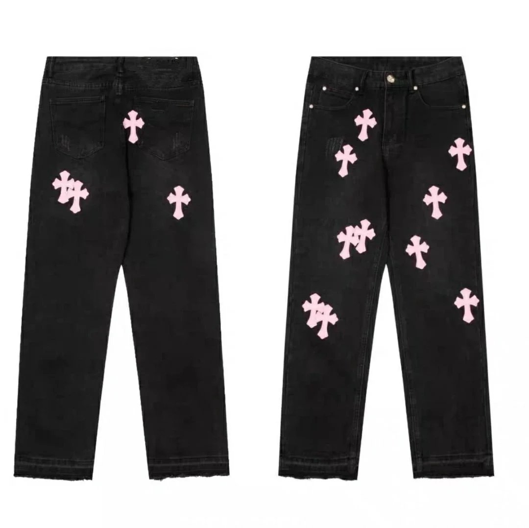 Black Denim Pants with Pink Cross Embroidery
