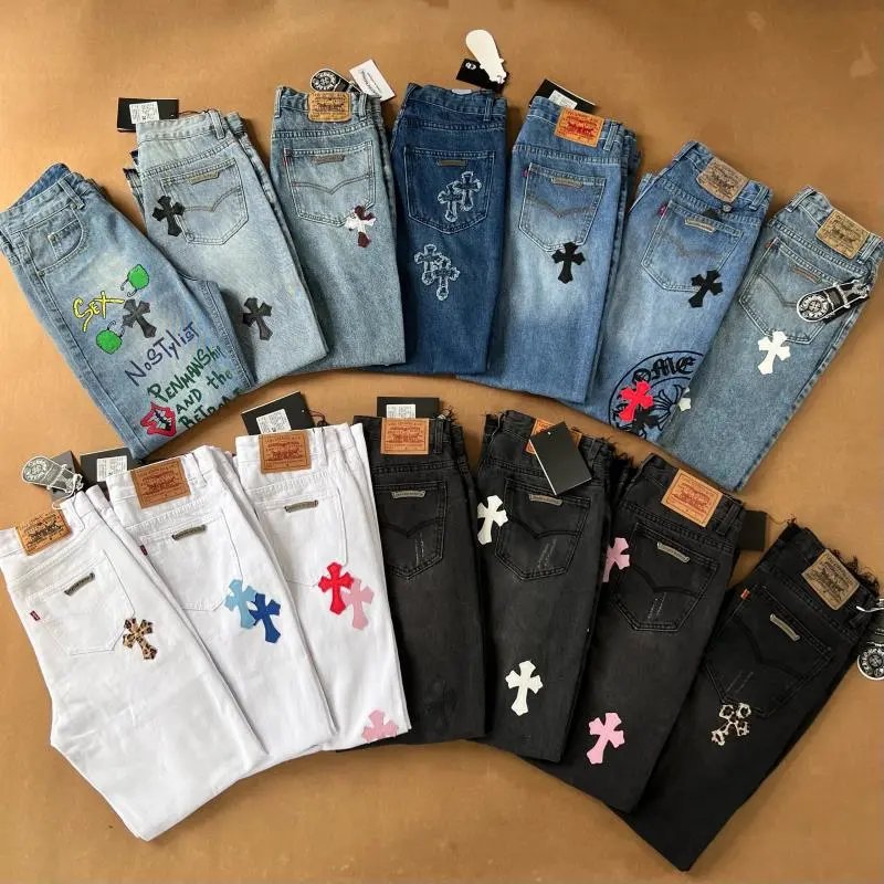 Custom Cross Embroidered Denim Jeans for Men and Women