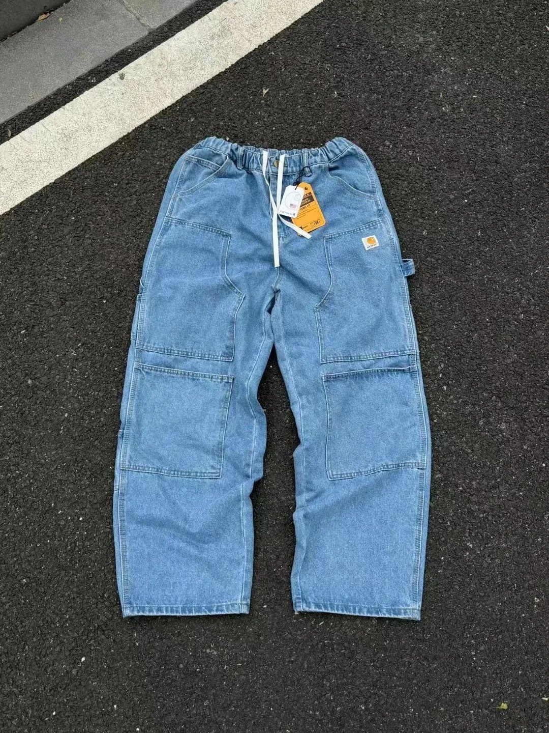Carhartt Denim Work Pants with Elastic Waist and Multiple Pockets