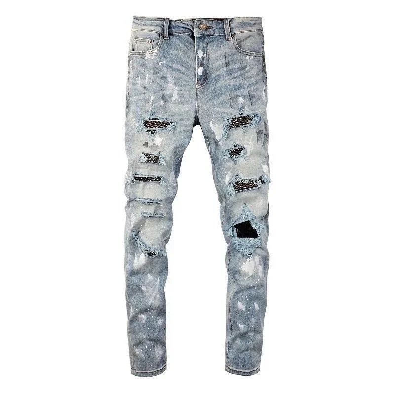 Men's Distressed Ripped Jeans with Studs and Patches