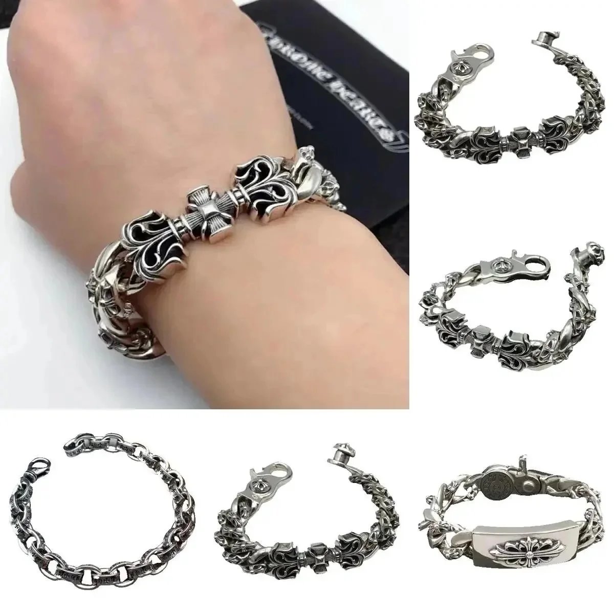 Men's Gothic Cross Chain Bracelet Silver Tone Punk Jewelry