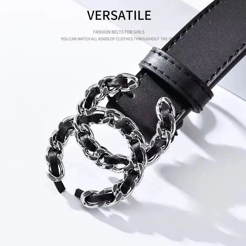 Fashion Chain Belt for Women Black Leather Waist Belt with Metal Buckle