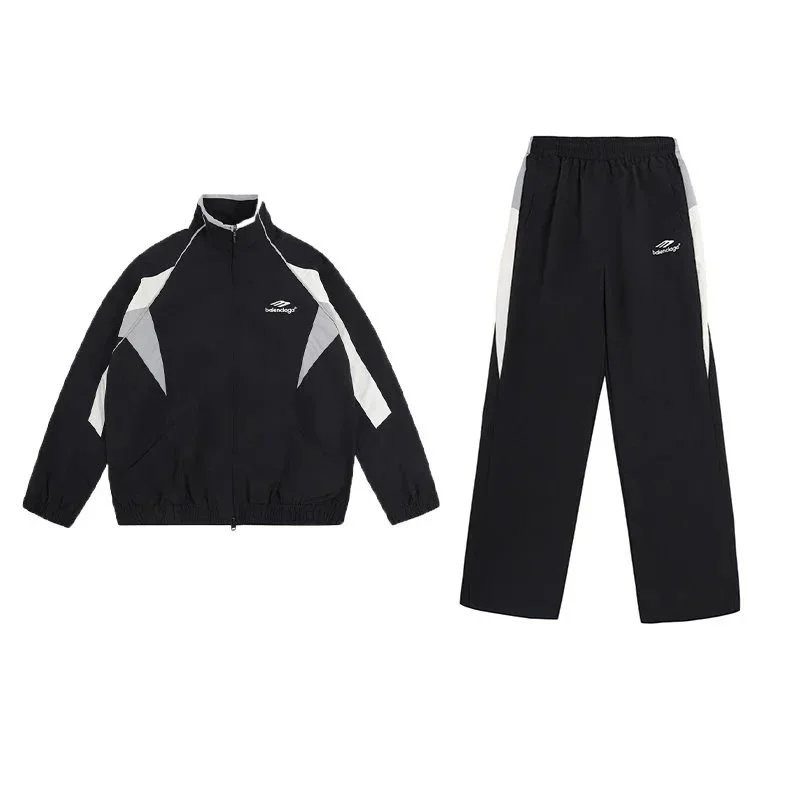 Men's Black and Gray Track Suit Set with Zip-Up Jacket and Pants
