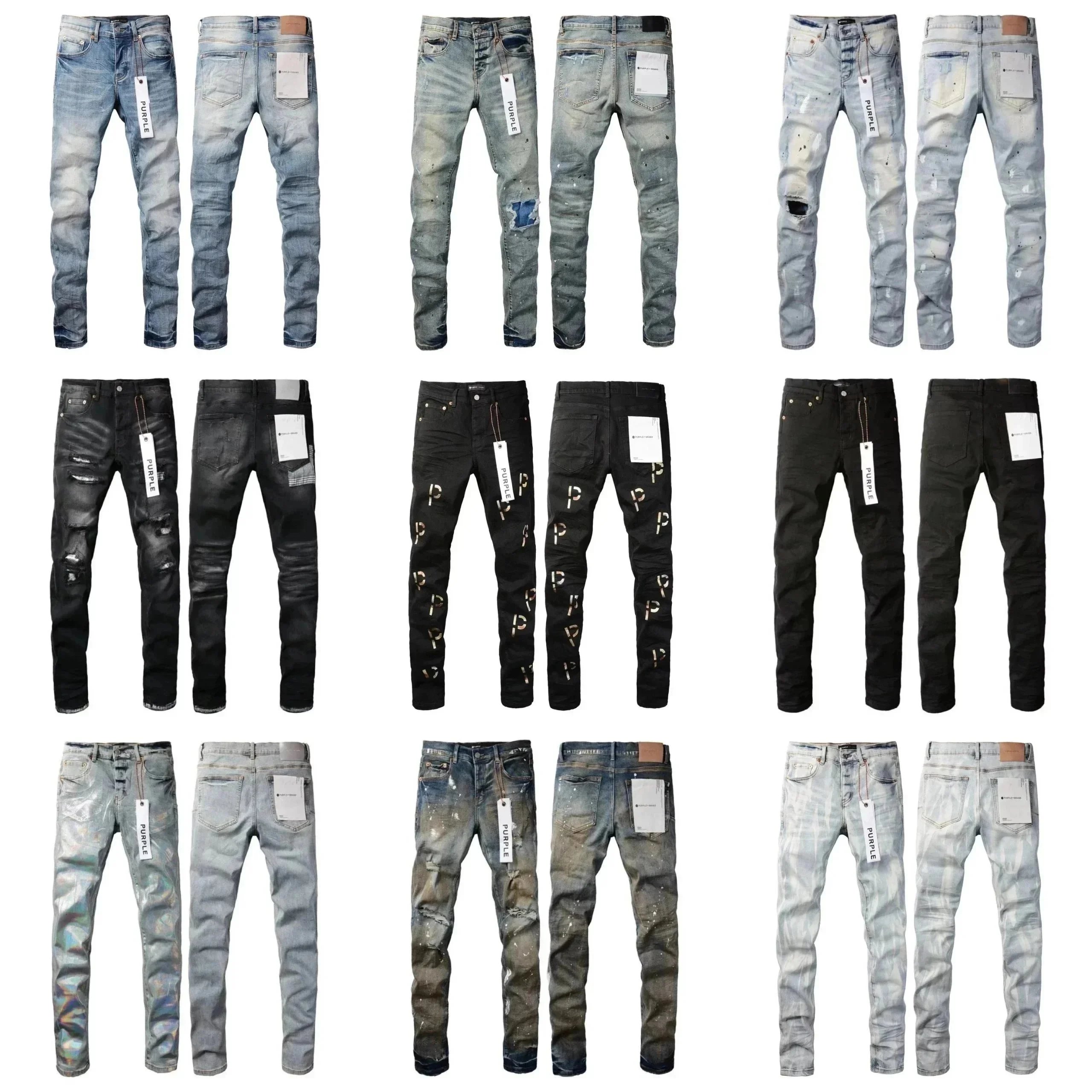 Men's Fashion Distressed Skinny Jeans with Ripped Details and Logo Print