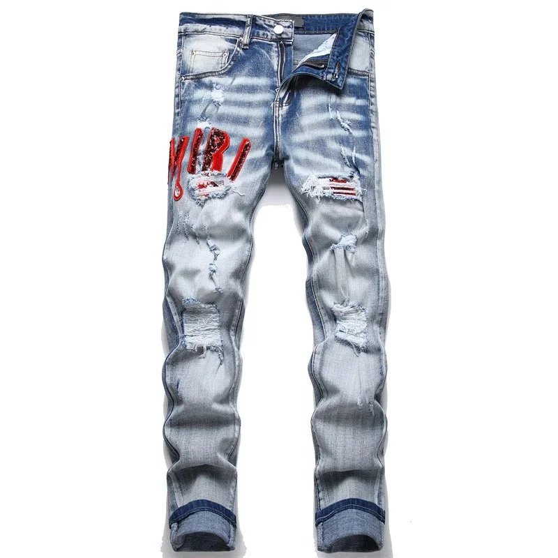 Ripped Denim Jeans for Men with Bold Logo and Distressed Design