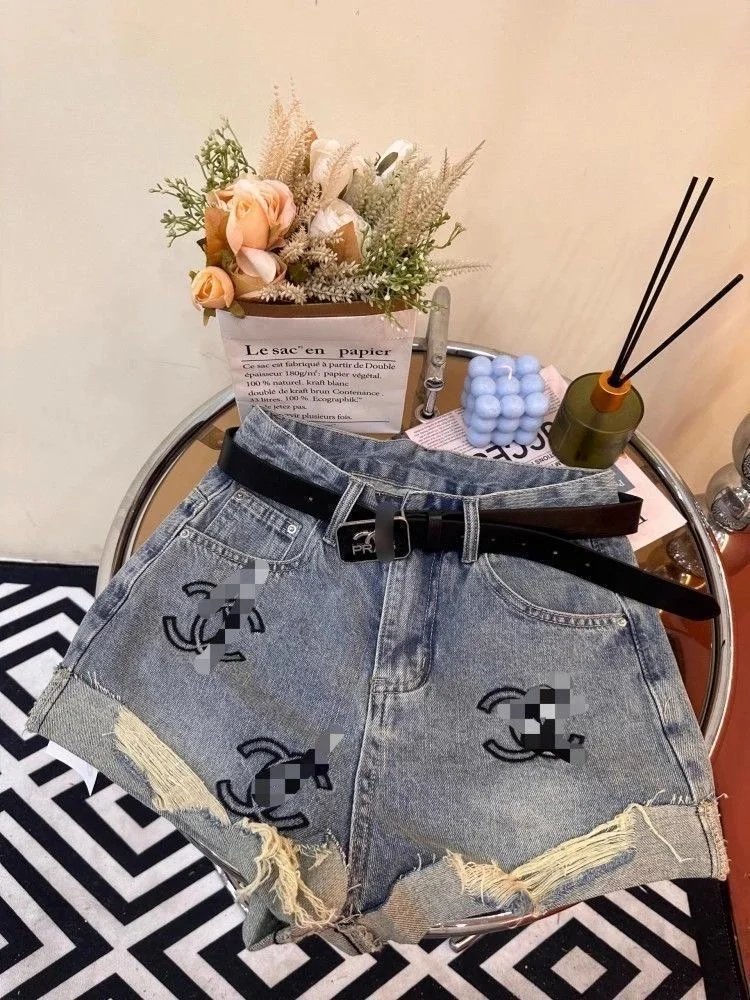 Chanel Denim Shorts with Logo Embroidery and Frayed Hem
