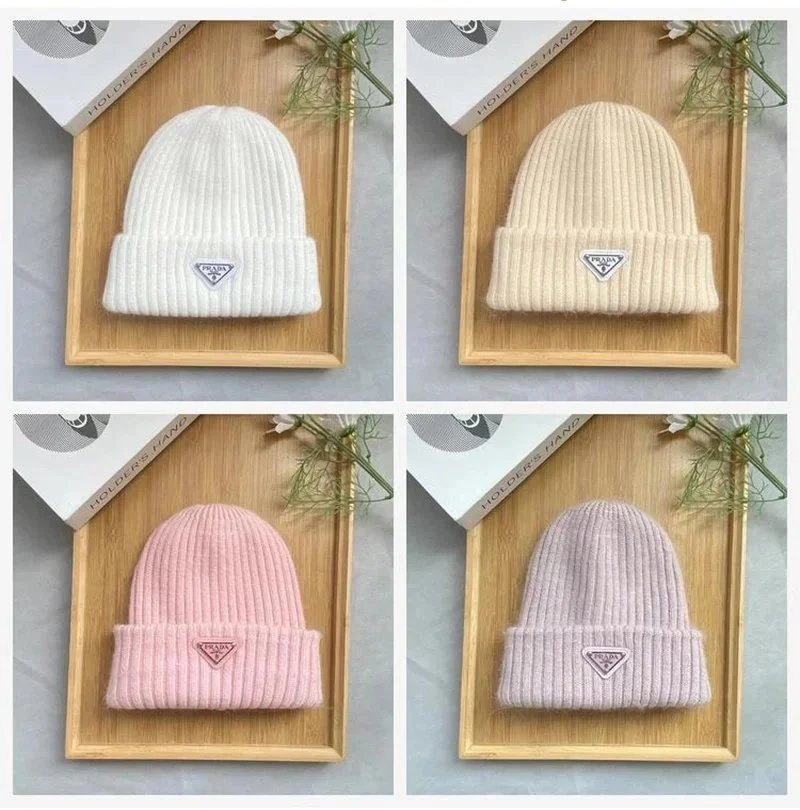 Prada Ribbed Knit Beanie Hat in White, Cream, Pink and Lavender