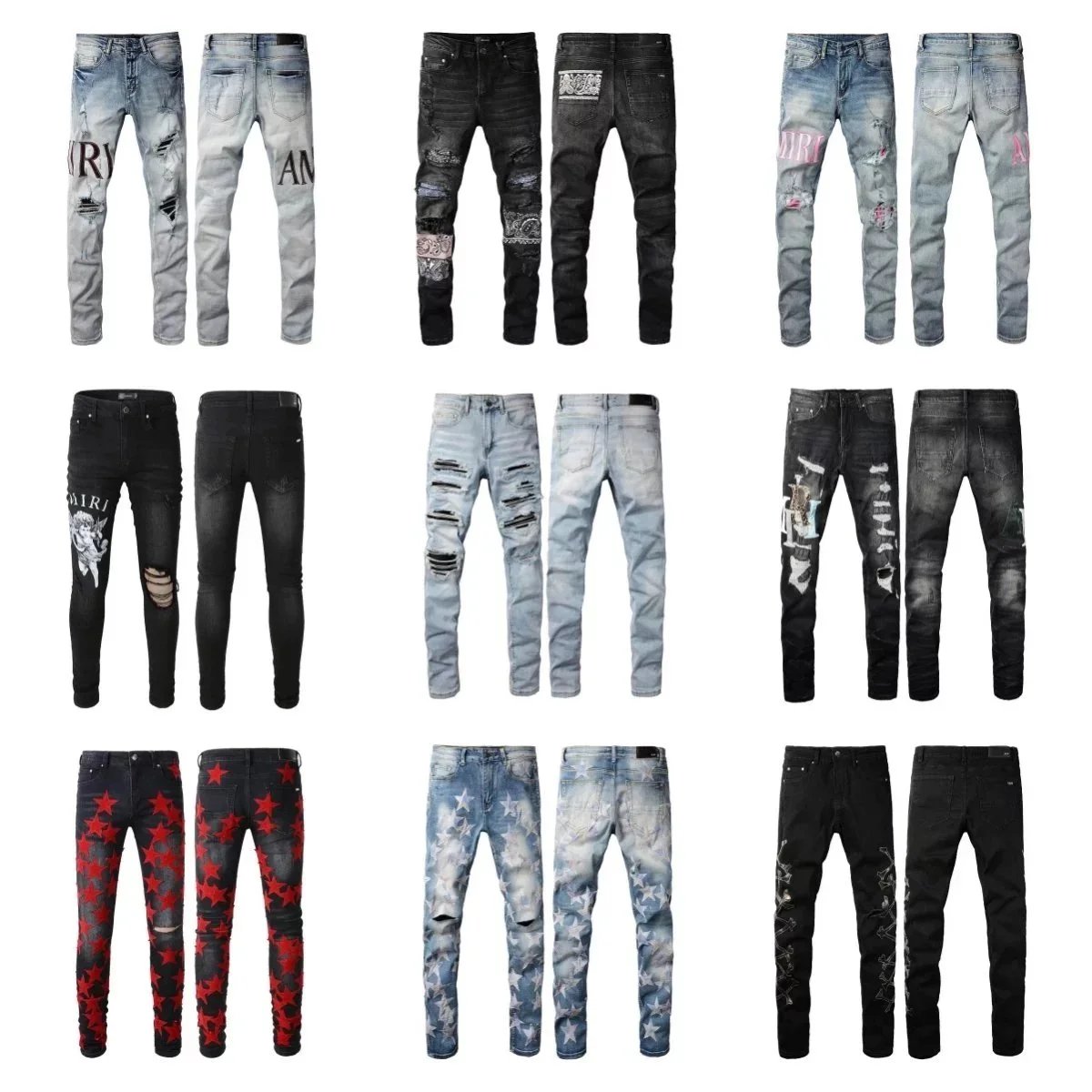 Men's Fashion Ripped Denim Jeans with Patches and Stars Design