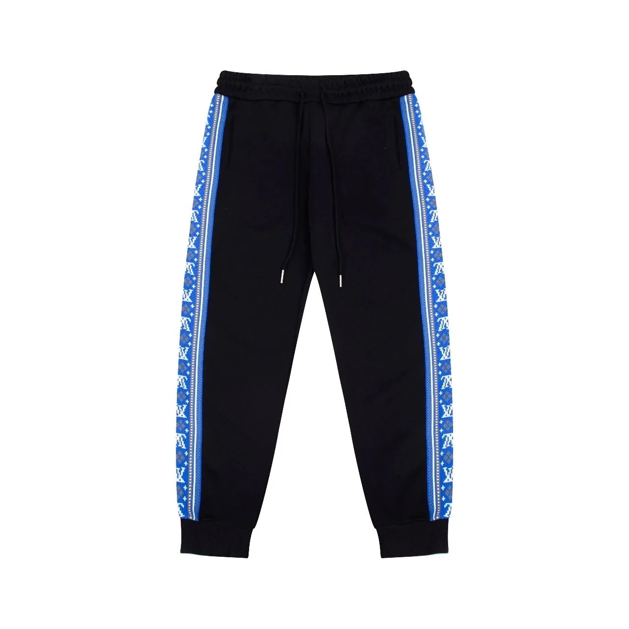 LV Monogram Track Pants Black Blue Side Stripe Sweatpants