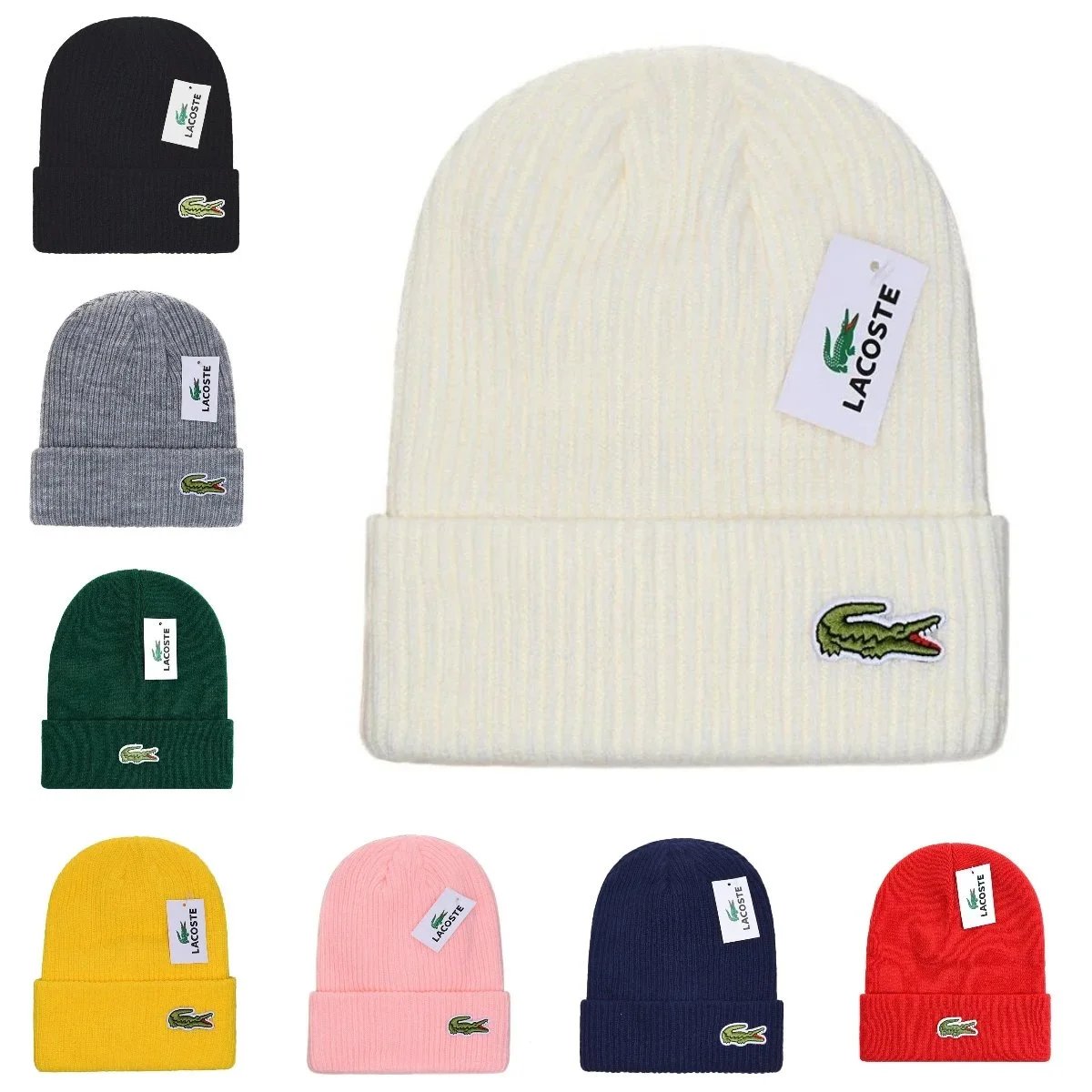 LACOSTE Knit Beanie Hat with Crocodile Logo - Warm Winter Headwear
