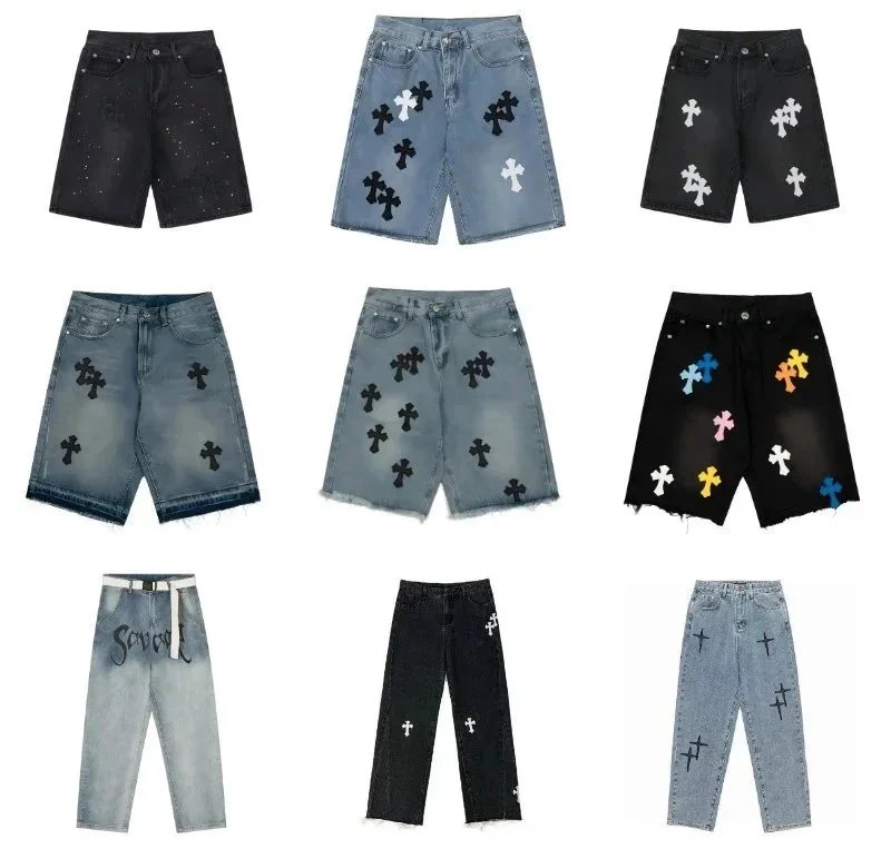 Cross Embroidered Denim Shorts and Pants for Men Women