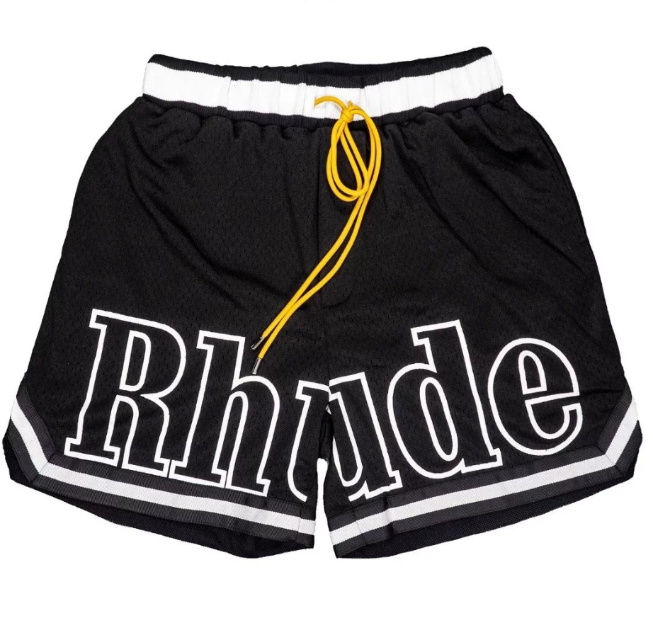 Rhude Black Mesh Shorts with White Logo and Yellow Drawstring